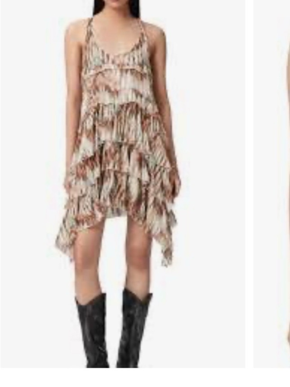 💕 Elizabeth James Tiered Spaghetti -Strap Mini Dress in Beige Brown Print